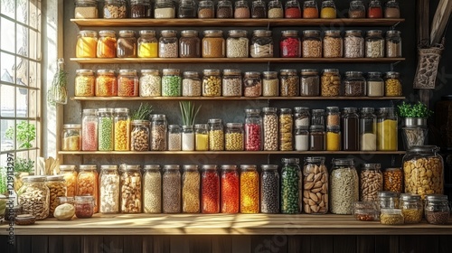 Wallpaper Mural Sunlit rustic pantry with shelves of various dried foods in glass jars. Torontodigital.ca