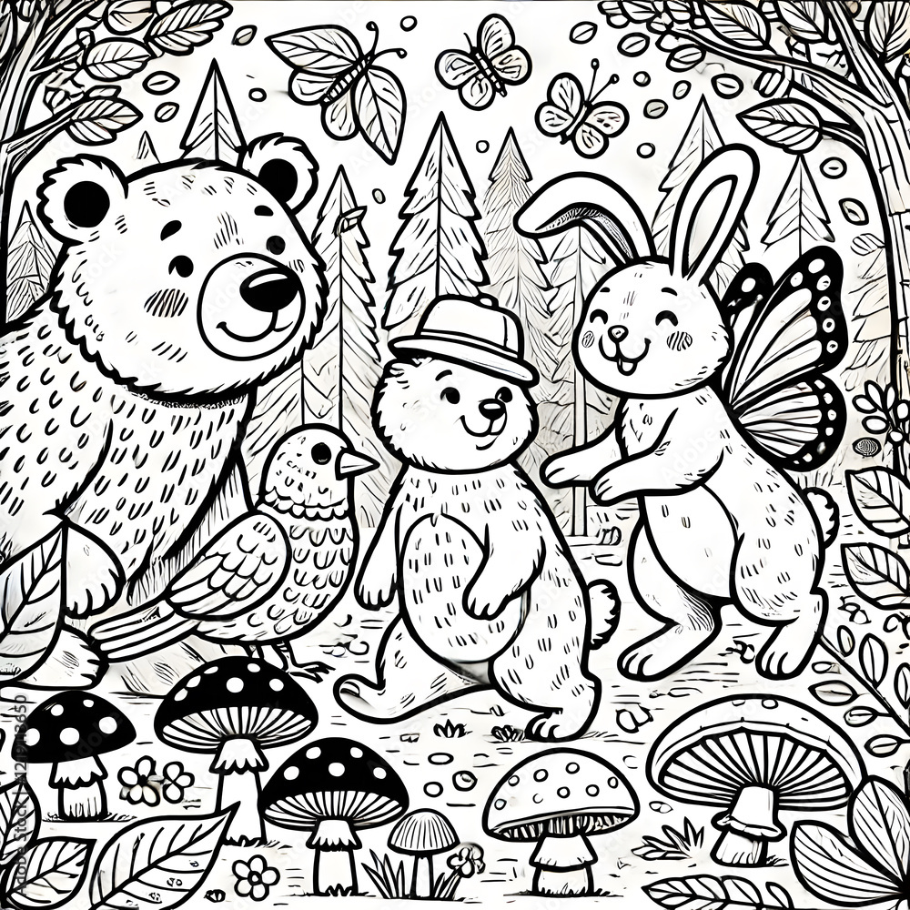 delightful forest animals gathered in a detailed woodland setting surrounded by mushrooms, trees, and charming nature elements, ideal for coloring book fans delightful forest animals gathered in a detailed woodland setting surrounded by mushrooms, trees, and charming nature elements, ideal for coloring book fans