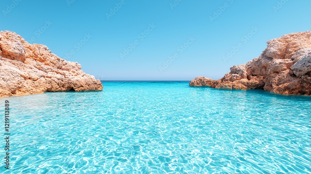Fototapeta premium Turquoise water cove, sunny beach, clear sky, summer vacation, idyllic scene