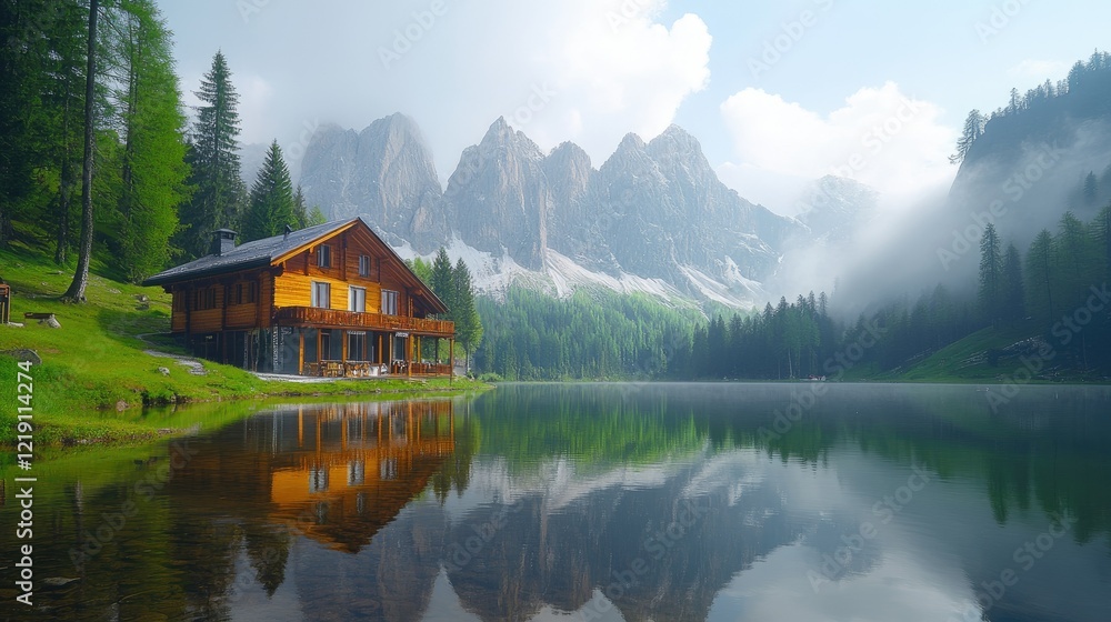 Obraz premium Mountain Lake House Scenic Tranquil Reflection