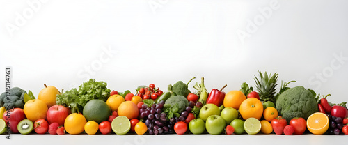 Fresh Fruits and Vegetables Spread Out in a Wide Collage – Clean and Vibrant White Background.