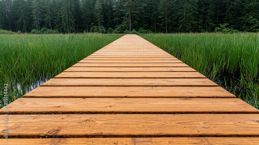 Obraz premium Wooden boardwalk path through lake reeds. Peaceful nature scene