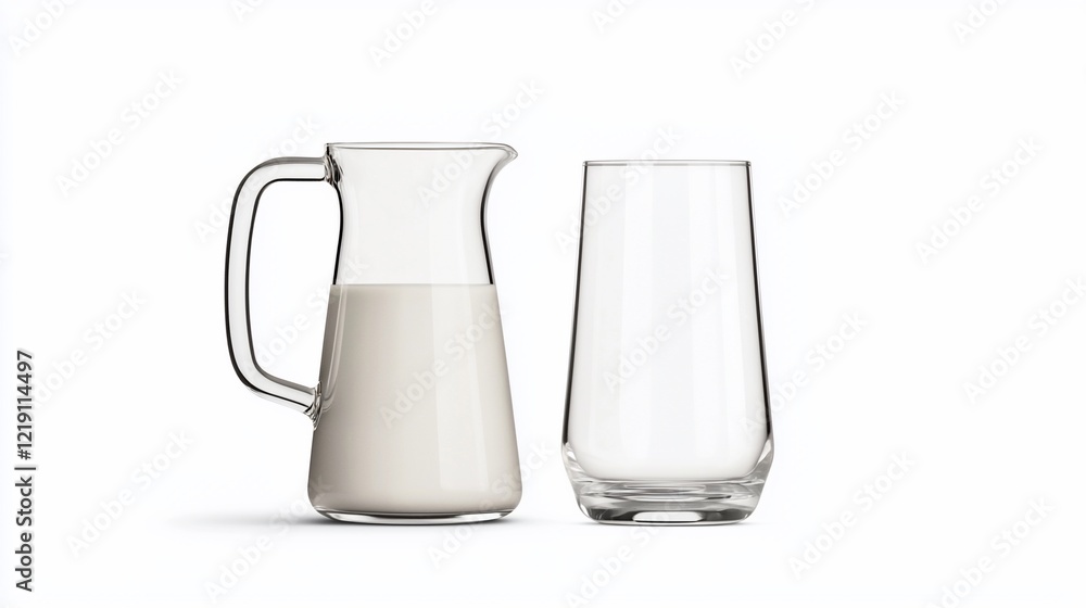 Milk in glass pitcher and empty glass. Milk in glass pitcher and empty glass.