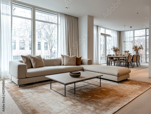 Wallpaper Mural A modern minimalist interior design of a residential living room with a sofa and table and a dining room in view. Generative AI
 Torontodigital.ca