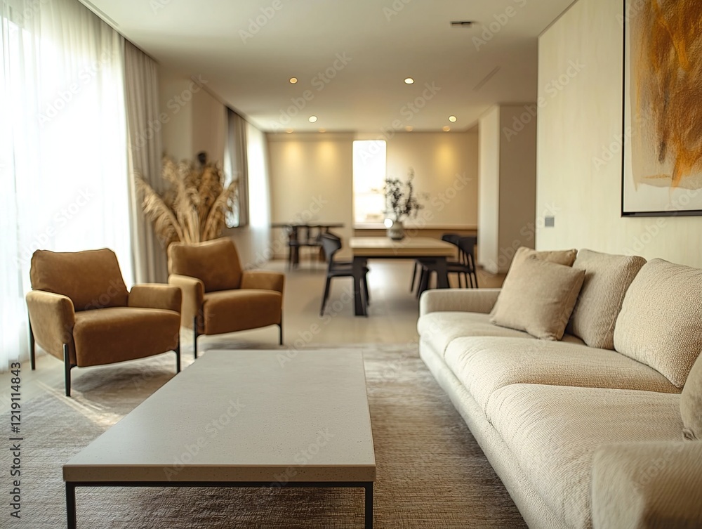 A modern minimalist interior design of a residential living room with far-flung views of a danning room and sofa and table. Generative AI
A modern minimalist interior design of a residential living room with far-flung views of a danning room and sofa and table. Generative AI