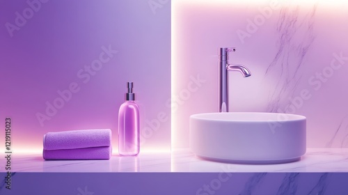 Modern bathroom scene featuring a sleek basin, purple towel, and stylish bottle against a lit backdrop