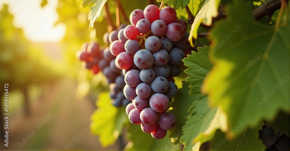 A cluster of red grapes hanging from a vine, with a blurred background of more grapes and green leaves A cluster of red grapes hanging from a vine, with a blurred background of more grapes and green leaves