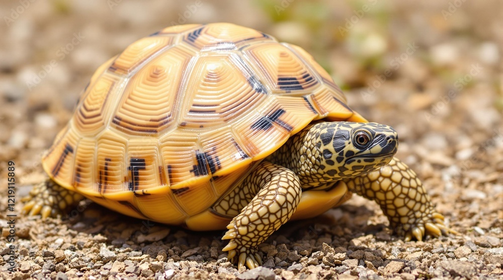 Close-up of a beautiful tortoise walking on sandy ground
Close-up of a beautiful tortoise walking on sandy ground