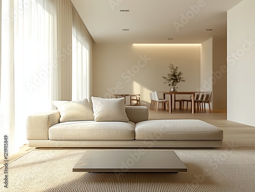 A modern minimalist interior design of a residential living room with far-flung views of a danning room and sofa and table. Generative AI
