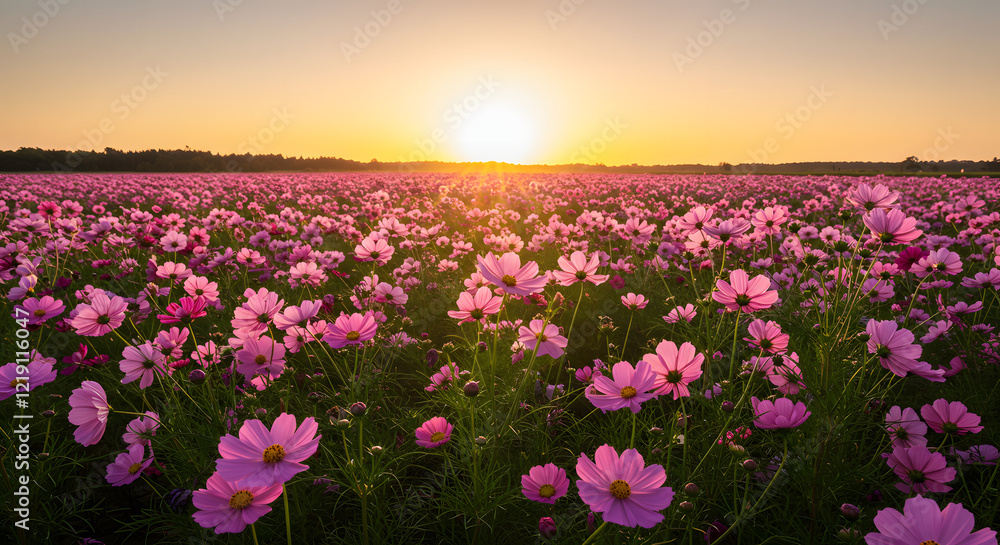 Obraz premium A vibrant expanse of pink flowers illuminated by the sun.