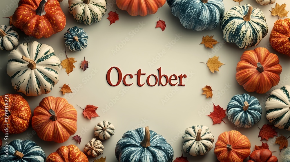 Autumn Wreath of Pumpkins Decorated with the Word October Evokes a Cozy and Festive Seasonal Mood Autumn Wreath of Pumpkins Decorated with the Word October Evokes a Cozy and Festive Seasonal Mood