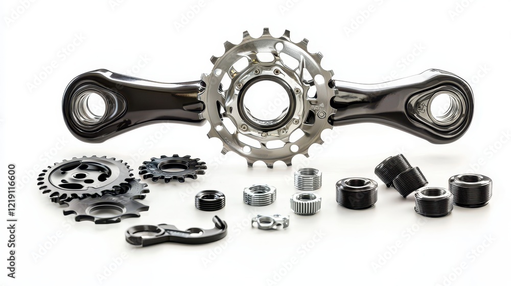 A close-up of a bicycle gear set with derailleurs and chainrings on a white isolated background A close-up of a bicycle gear set with derailleurs and chainrings on a white isolated background