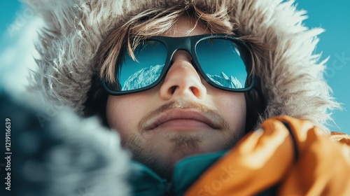 A young boy, clad in winter gear, captures the adventurous spirit while standing in snowy mountains, reflecting a sense of thrill and exploration in beautiful nature. photo