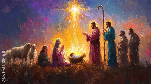 Holy Family Nativity in Bethlehem: Oil Painting of Christmas Scene with Joseph, Mary, Baby Jesus, Shepherds, Sheep, and Comet Star Illustration