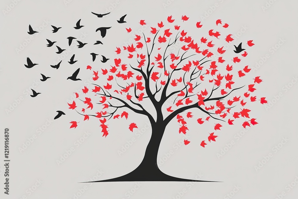 Fototapeta premium A Stylized Tree with Flying Birds and Falling Leaves