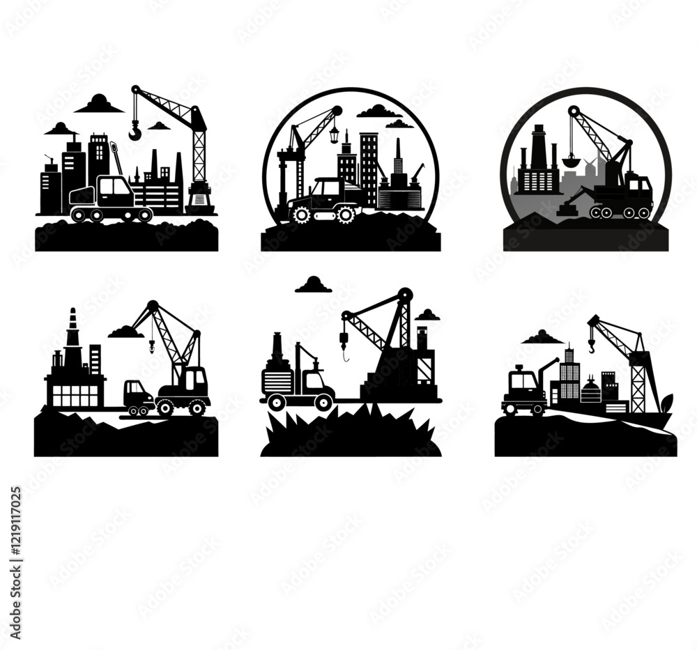Fototapeta premium illustration with heavy machinery silhouettes isolated on white background