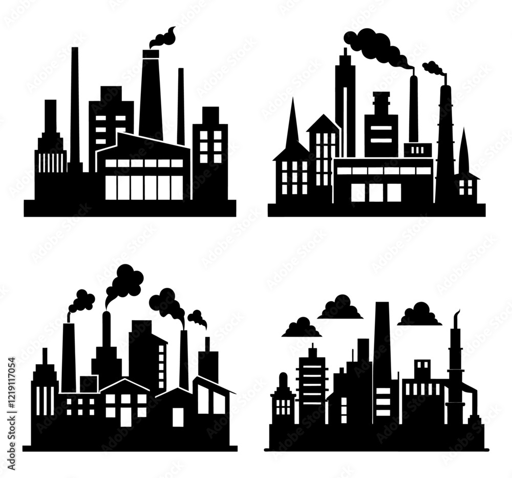 Fototapeta premium Industrial landscape vector black line illustration isolated white