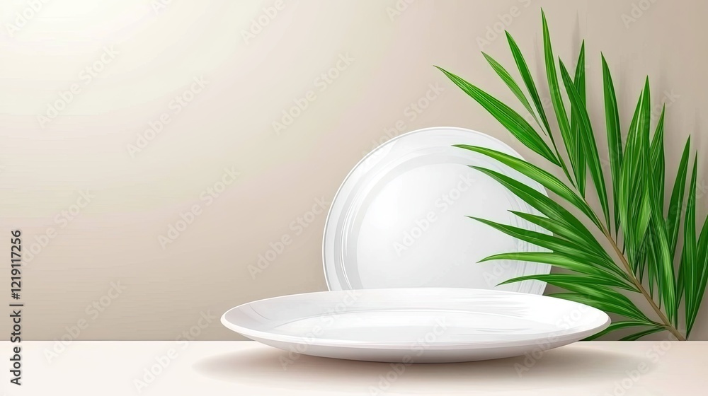 Elegant White Plates and Lush Tropical Leaf Mockup Elegant White Plates and Lush Tropical Leaf Mockup