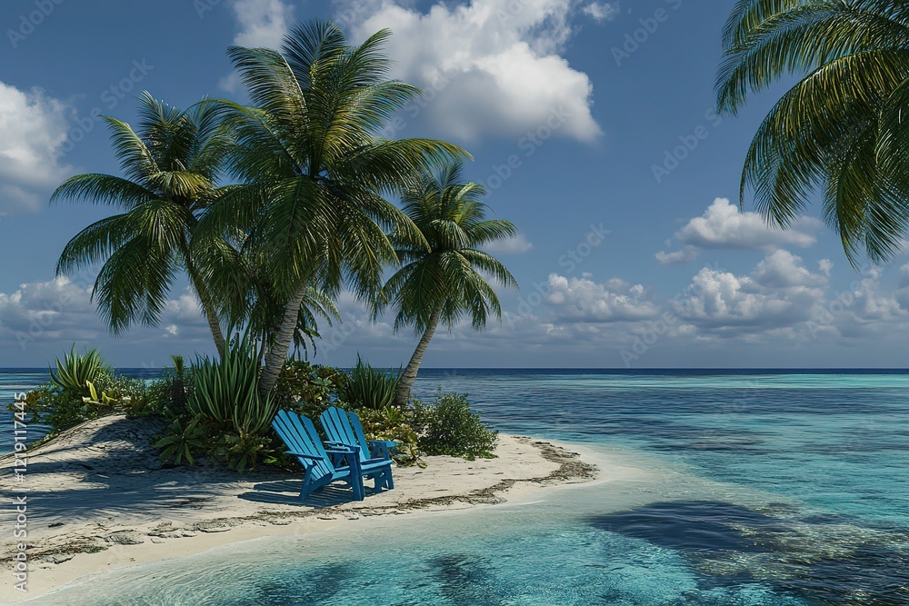 Fototapeta premium Serene Tropical Island Escape with Blue Adirondack Chairs