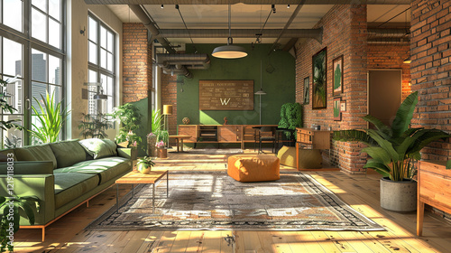 Eco-Friendly Coworking Space with Upcycled Furniture and Green Accents