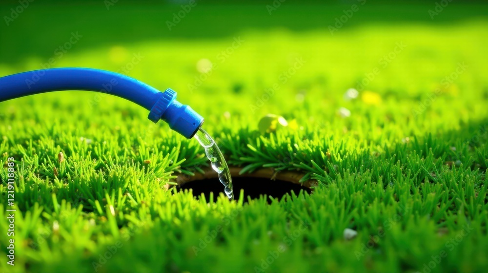 Naklejka premium Refreshing Hydration for Lush Green Turf A Close-Up of Water Flowing from a Blue Hose into Vibrant Grass