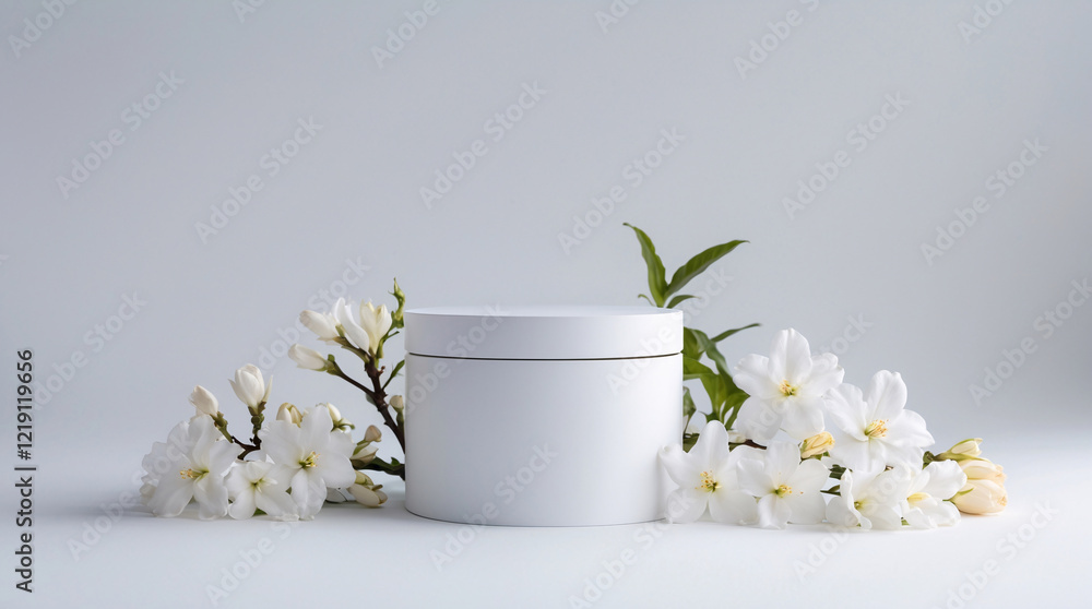 Minimalist White Display Stand Featuring White Jasmine Flowers for a Fresh and Inviting Product Advertisement Realistic 3D Podium for Mockup