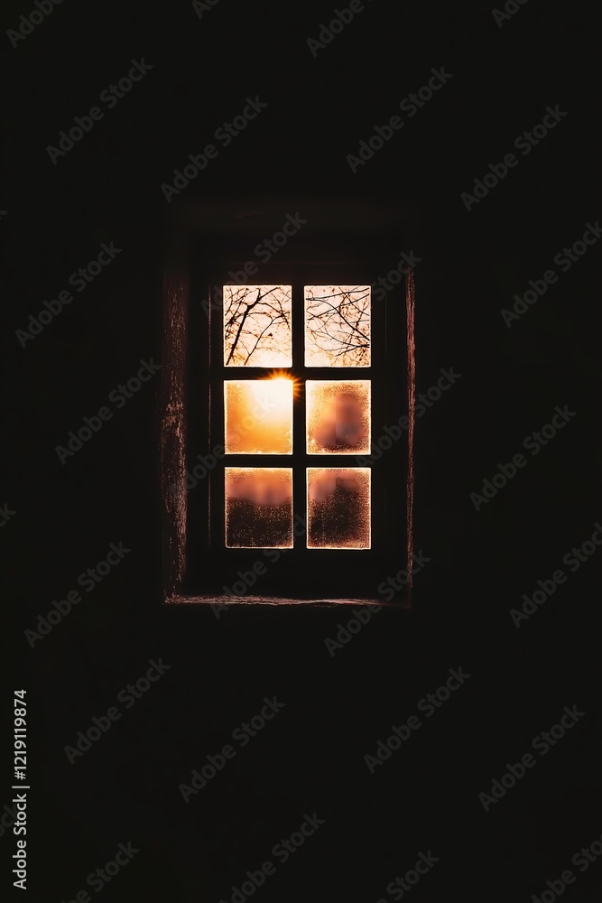 Fototapeta premium Window to Warmth: A square window glows warmly against a dark backdrop, offering a glimpse of a vibrant outdoor scene. The simplicity evokes introspection.