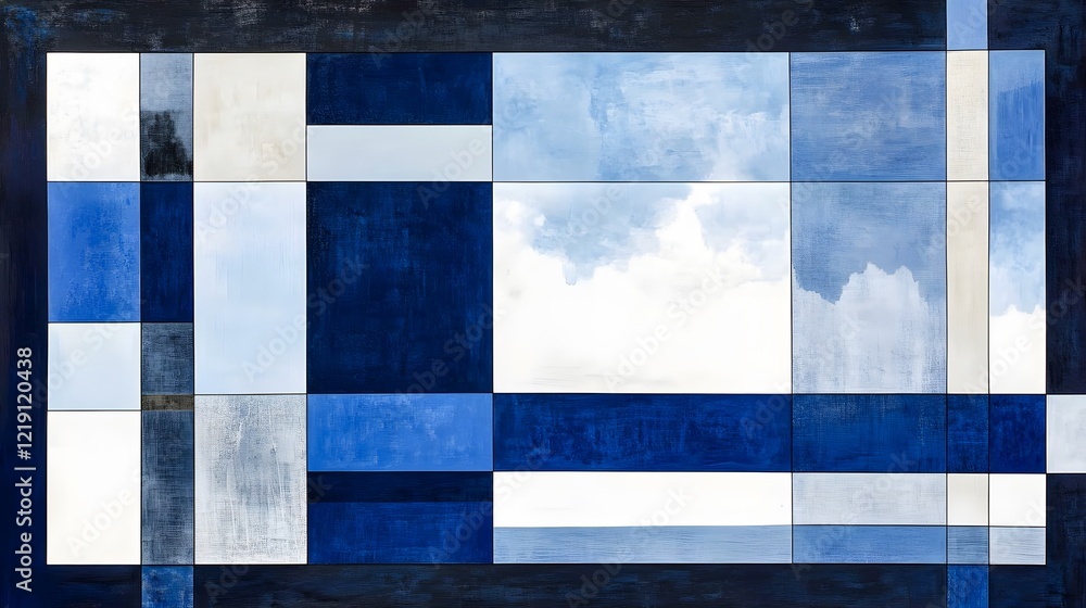 Fototapeta premium Abstract Blue and White Geometric Artwork, Modern Grid Canvas Painting