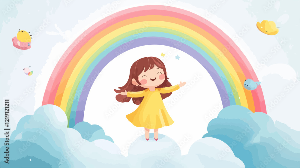 Joyful Little Girl Admiring Rainbow in the Clouds Wide Angle Centered Joyful Little Girl Admiring Rainbow in the Clouds Wide Angle Centered