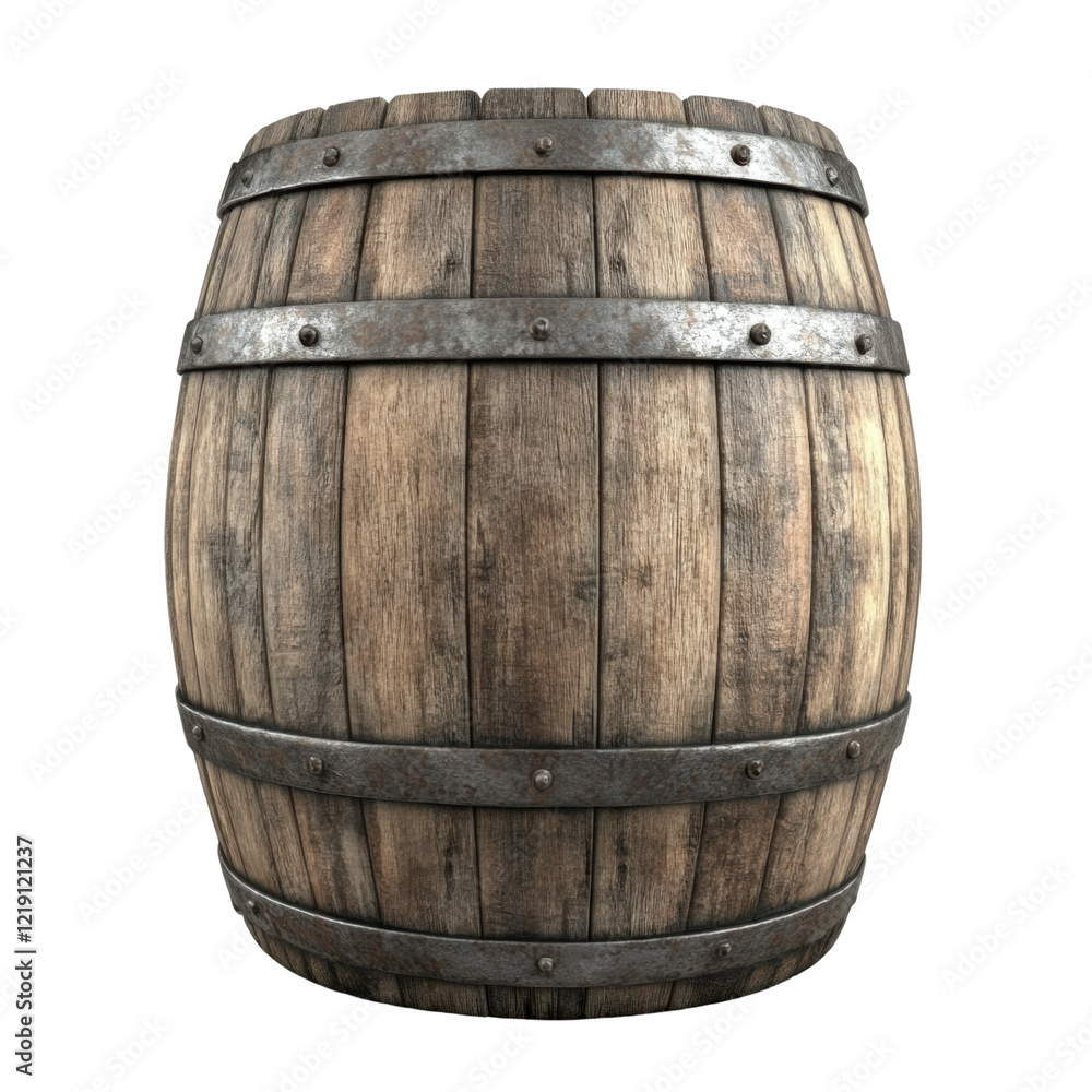 Fototapeta premium Wooden Barrel with Metal Bands, Rustic Storage Container for Beverage Aging, Traditional Craftsmanship, Vintage Style, Authentic Texture and Design Elements Captured in Detail