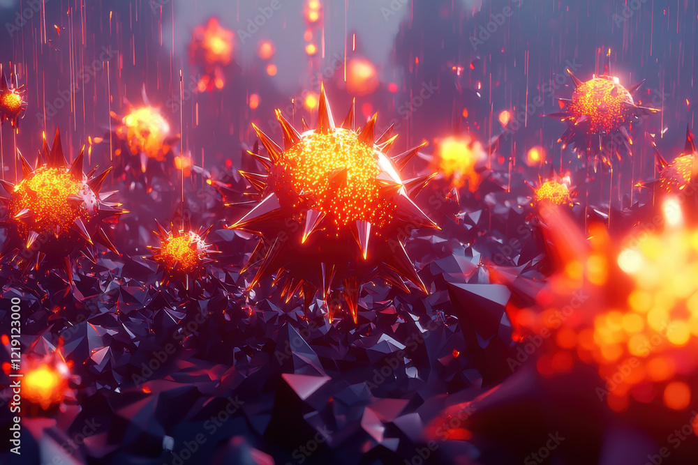 Fototapeta premium A surreal world with bright fiery spheres floating among sharp, dark rock formations.