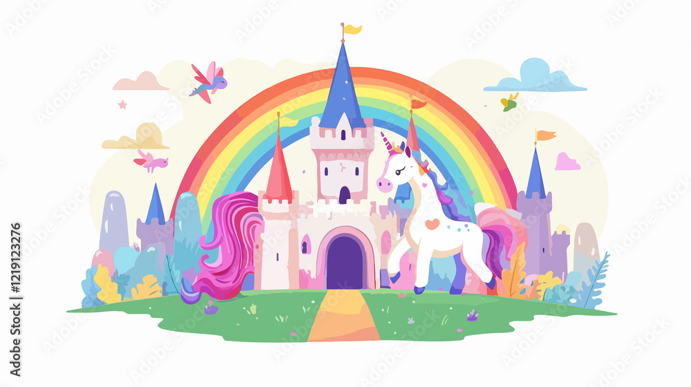 Enchanting Unicorn with Castle and Rainbow in Field Wide Angle Enchanting Unicorn with Castle and Rainbow in Field Wide Angle
