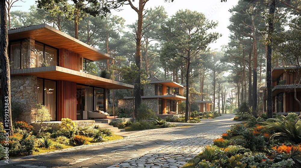 Modern houses in a pine forest.