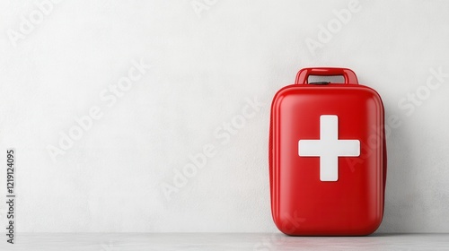 A red first aid kit with a white cross stands against a plain wall, symbolizing safety and emergency preparedness. photo