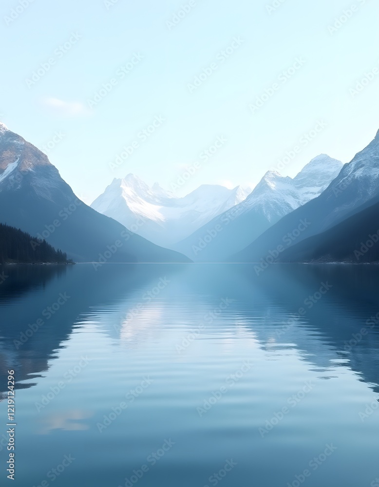 Serene Mountain Lake Landscape Calm Water Reflecting Snow Capped Peaks Serene Mountain Lake Landscape Calm Water Reflecting Snow Capped Peaks