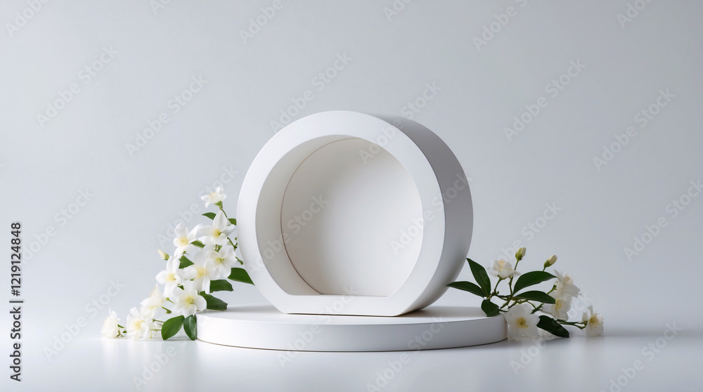 Sleek White Display Stand Featuring White Jasmine Flowers for a Fresh and Modern Product Showcase Realistic 3D Podium for Mockup Sleek White Display Stand Featuring White Jasmine Flowers for a Fresh and Modern Product Showcase Realistic 3D Podium for Mockup
