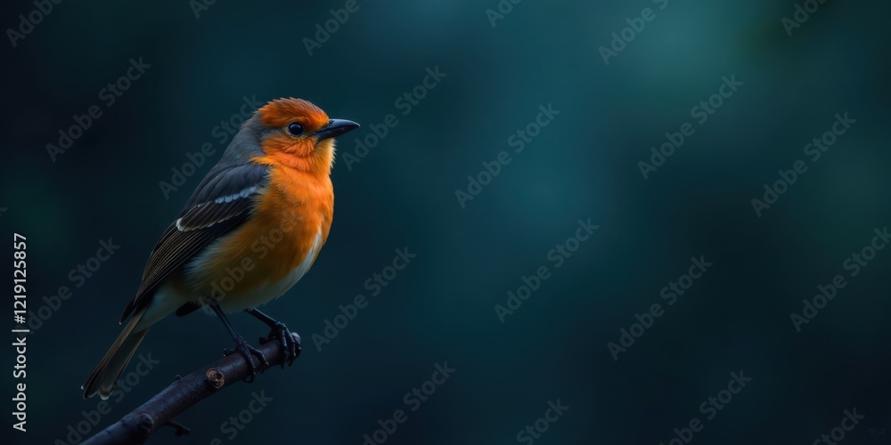 A small orange bird perched on a branch against a dark teal background, showcasing its vibrant plumage and delicate features in a serene natural setting. A small orange bird perched on a branch against a dark teal background, showcasing its vibrant plumage and delicate features in a serene natural setting.