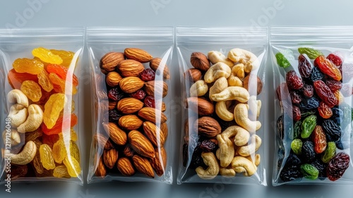 This image showcases an assortment of colorful mixed dried fruits and nuts neatly packaged in clear bags, perfect for healthy snacking and food photography.