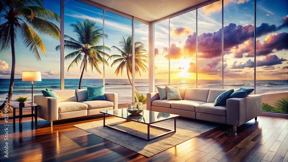Fototapeta premium Modern Living Room Beach Vibes Double Exposure Stock Photo: Coastal Relaxation & Interior Design