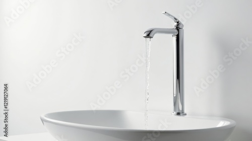 Clean Modern Faucet with Water Flowing into a Sleek Oval Sink photo