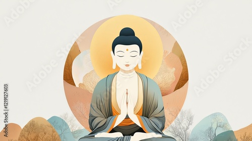 Serene Depiction of Maitreya Buddha in Tranquil Landscape with Gentle Colors and Elegant Forms