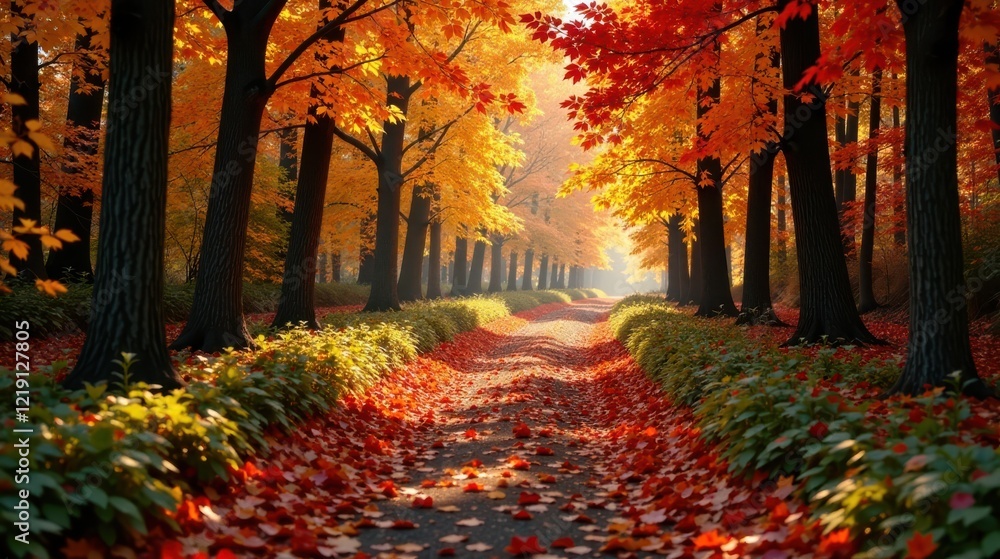 Fototapeta premium Autumnal Pathway Through a Sun-Dappled Canopy of Vibrant Red and Gold Foliage