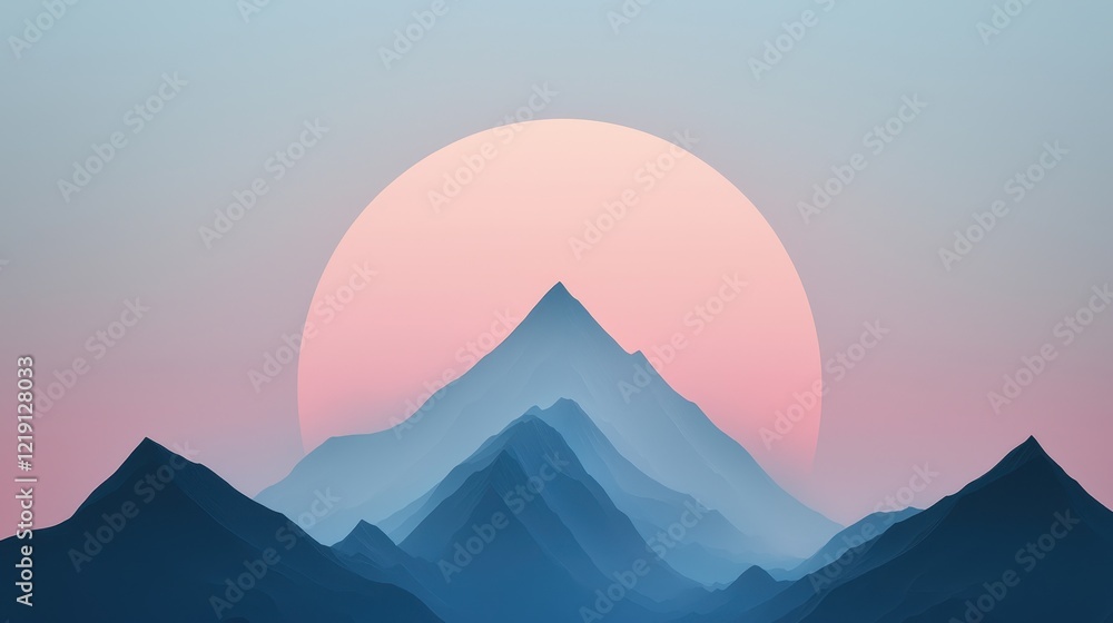 Fototapeta premium Serene Dawn over Symmetrical Mountain Range with Peaks and Soft Pastel Colors in the Sky