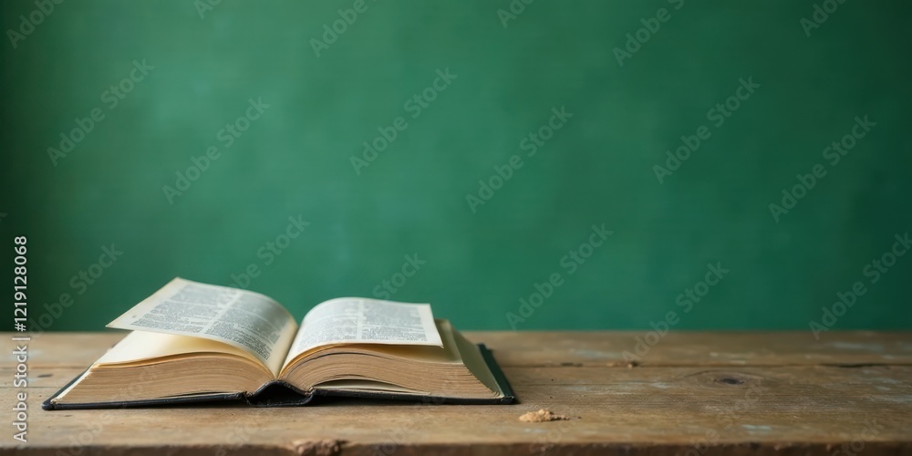 Open Book on Wooden Surface Against Green Background Open Book on Wooden Surface Against Green Background