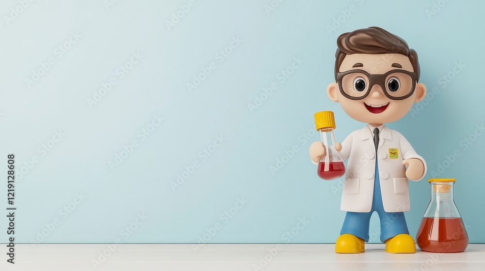 Cheerful Cartoon Boy Scientist Holding Beaker in a Laboratory Setting, Fun Science Experiment for Kids Education Cheerful Cartoon Boy Scientist Holding Beaker in a Laboratory Setting, Fun Science Experiment for Kids Education