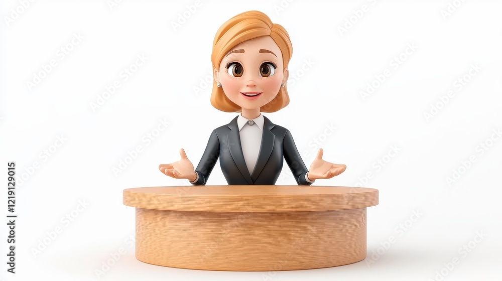 Cheerful Cartoon Businesswoman Giving a Presentation at Wooden Desk, 3D Render Cheerful Cartoon Businesswoman Giving a Presentation at Wooden Desk, 3D Render
