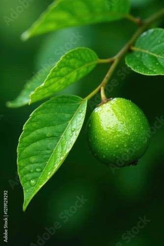 Wallpaper Mural Guava leaves glistening with raindrops on a stem, leafy, green, botanical Torontodigital.ca
