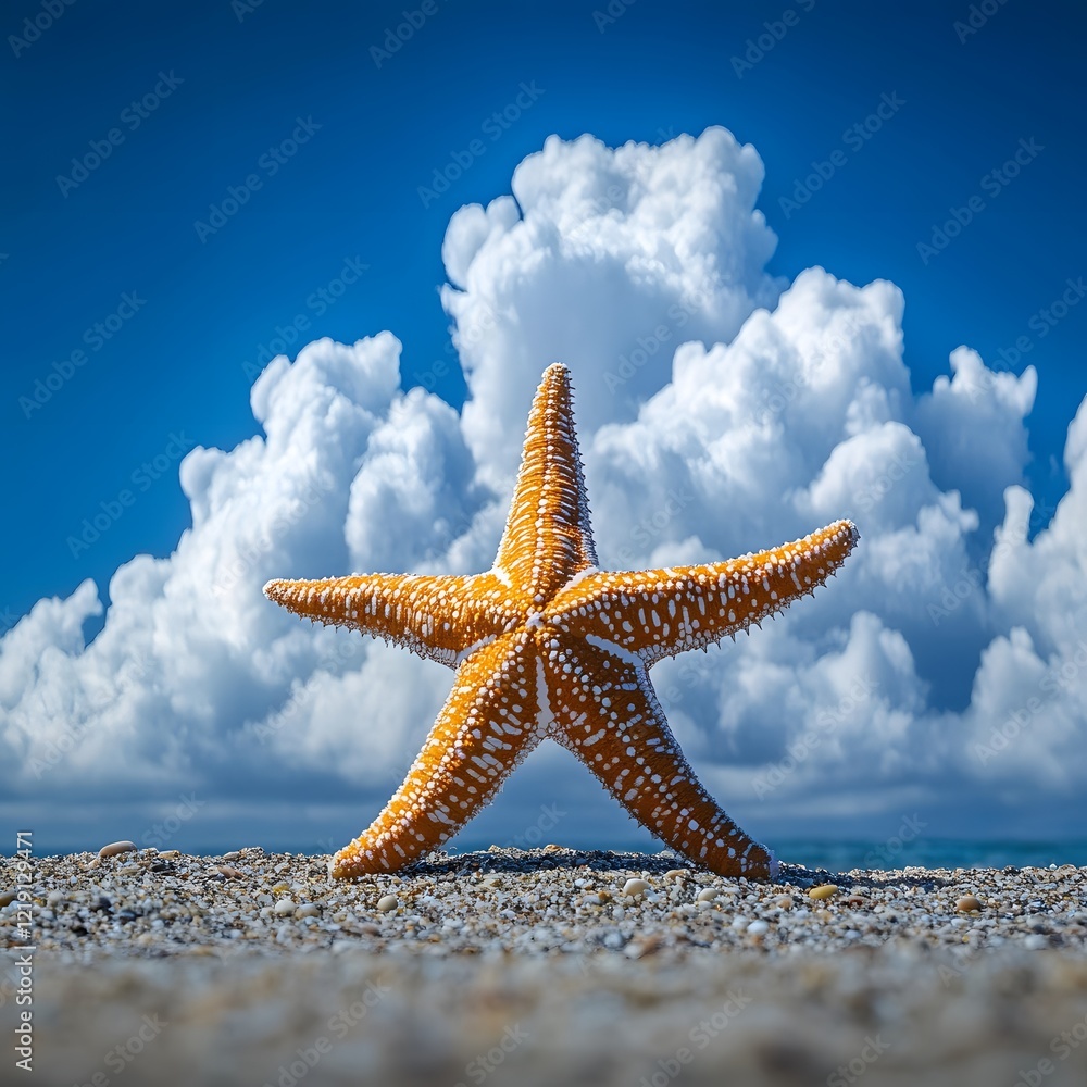 Stunning Starfish on Sandy Beach with Dramatic Cloudscape Stunning Starfish on Sandy Beach with Dramatic Cloudscape
