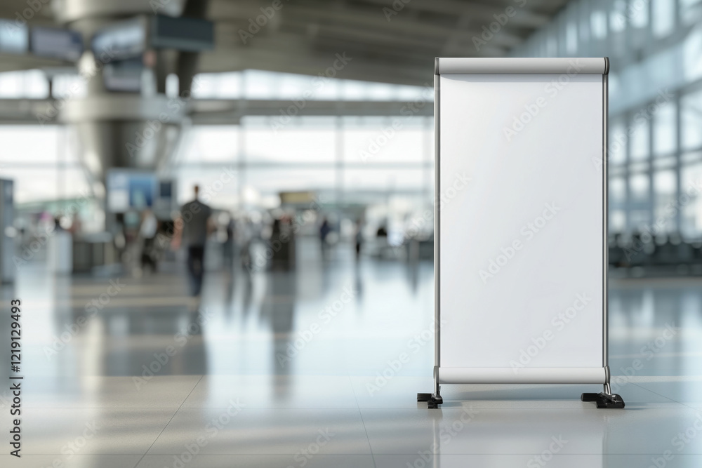 A blank mock up vertical advertisement poster in a bright, modern airport terminal A blank mock up vertical advertisement poster in a bright, modern airport terminal