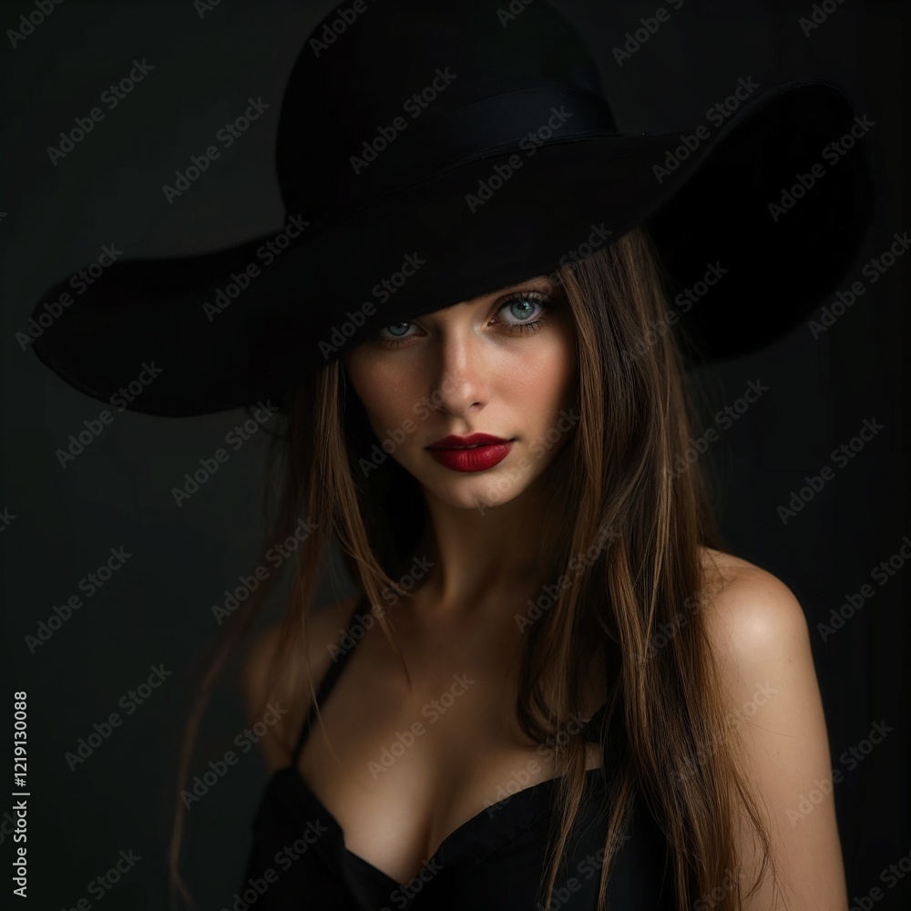 beautiful young woman with long hair wearing a large black hat and red lipstick in a dark setting
